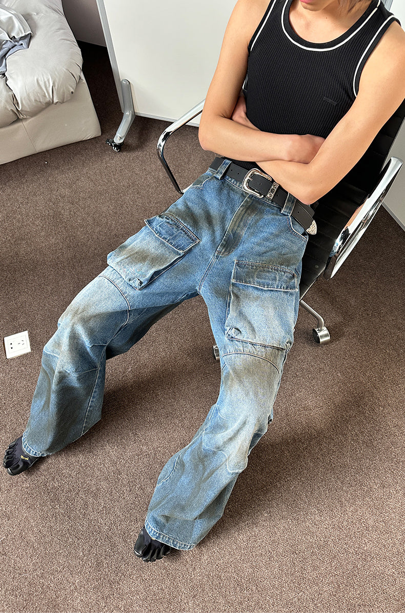 Multi-pocket stain dyed jeans