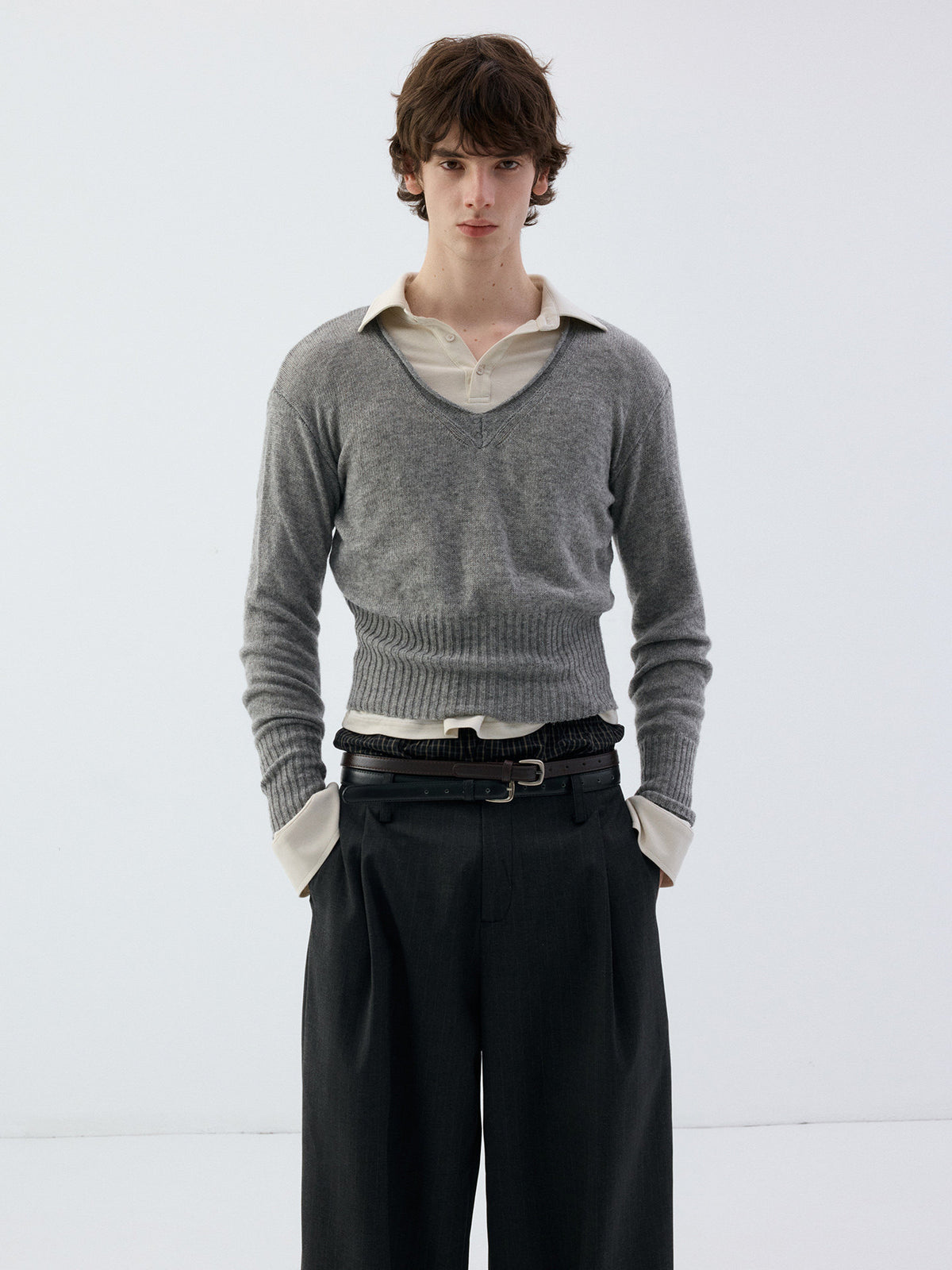 Wool Roll-Sleeve V-Neck Sweater