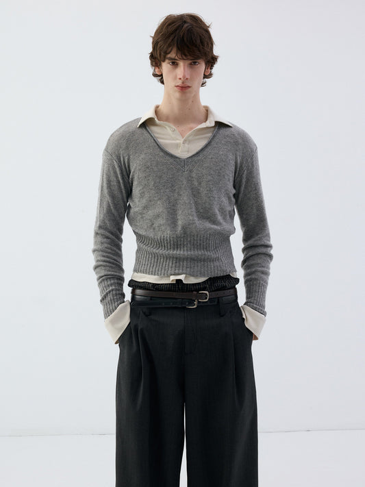Wool Roll-Sleeve V-Neck Sweater