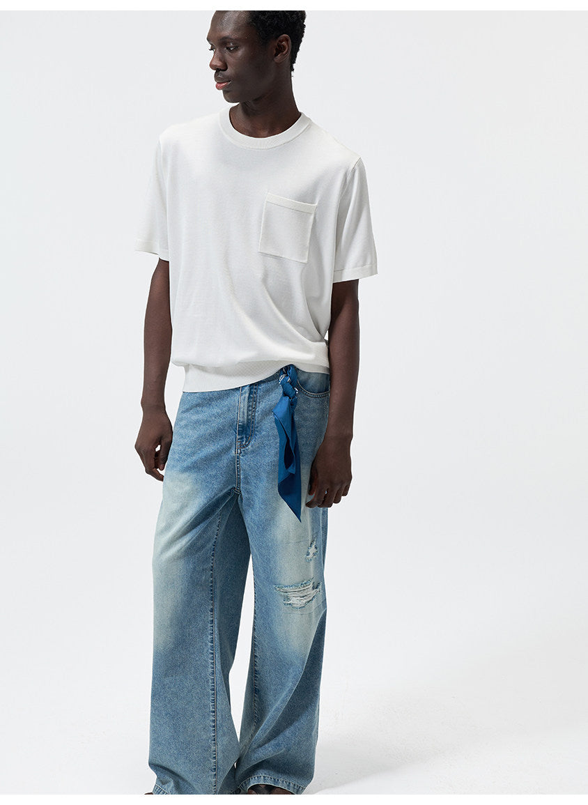Water-Washed Straight-Leg Lightweight Denim Pants