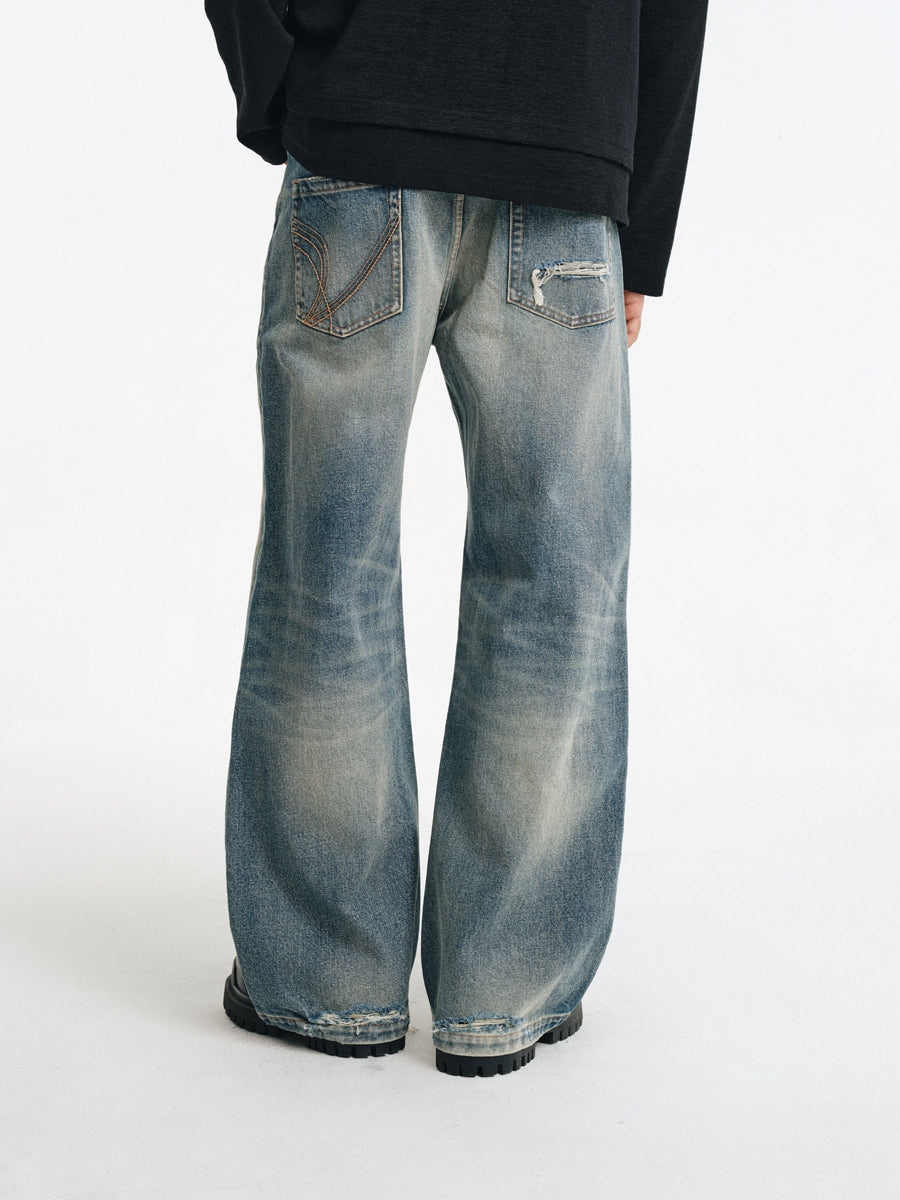 Hand Stitched Ripped Slim Straight Jeans