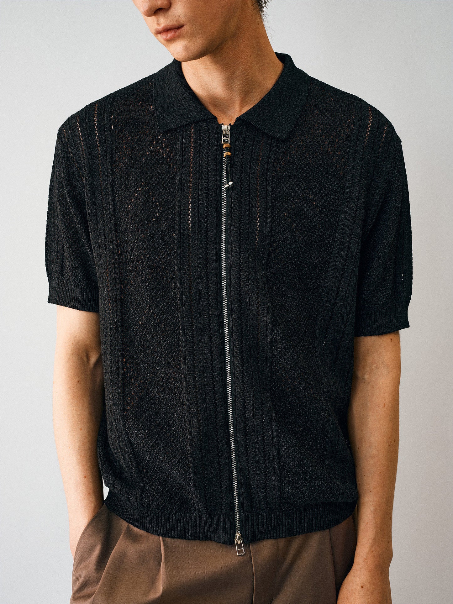 Openwork Knit Zipper Cardigan