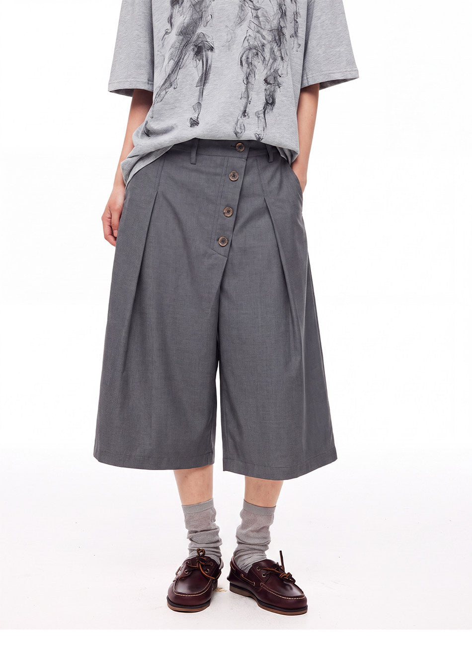 Shorts with a Diagonal Front Placket and Buttons