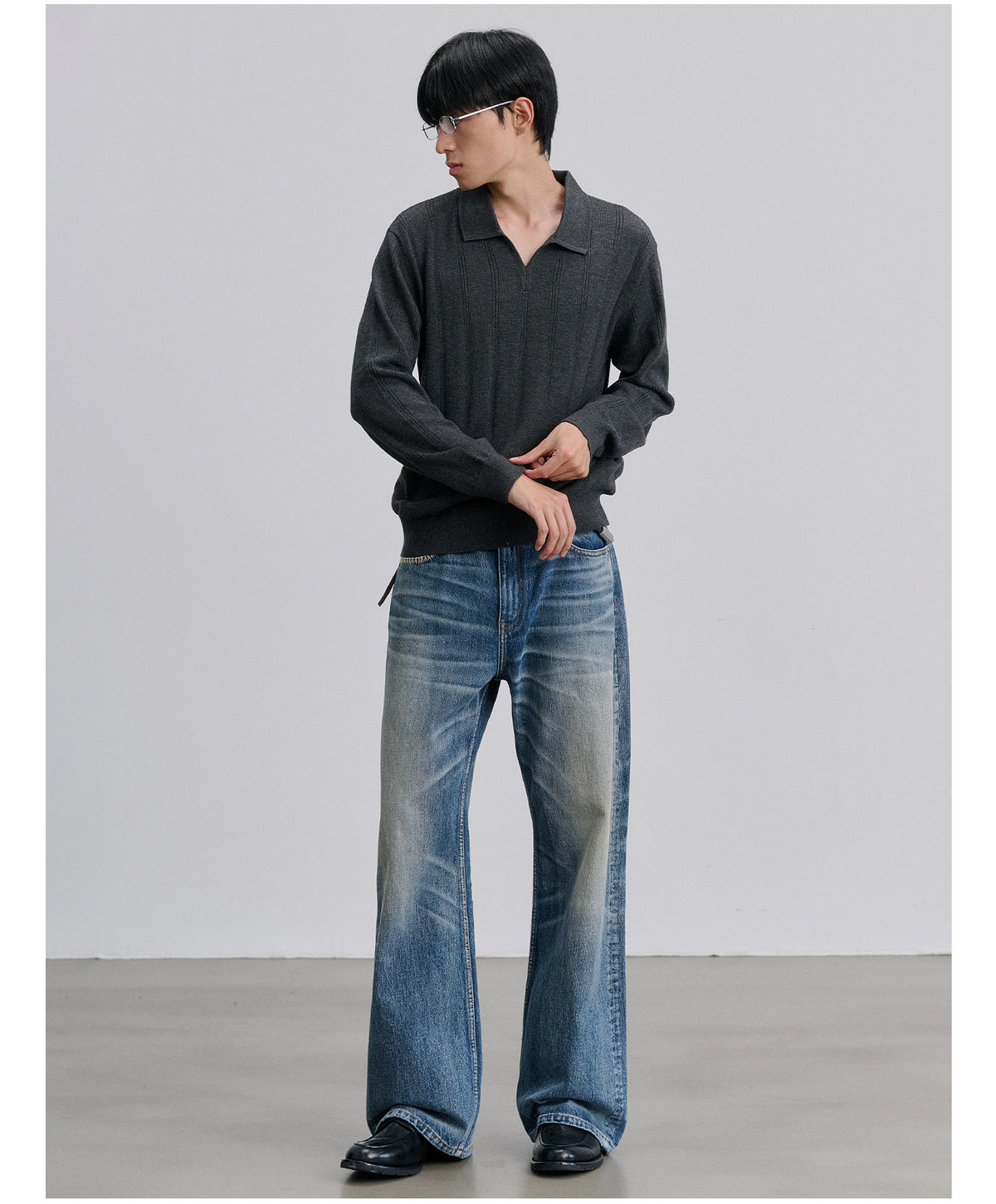 Silk-Wool Knit Shirt with Seagull Collar