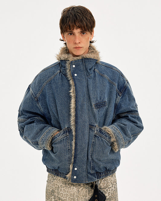 Denim jacket with fur collar