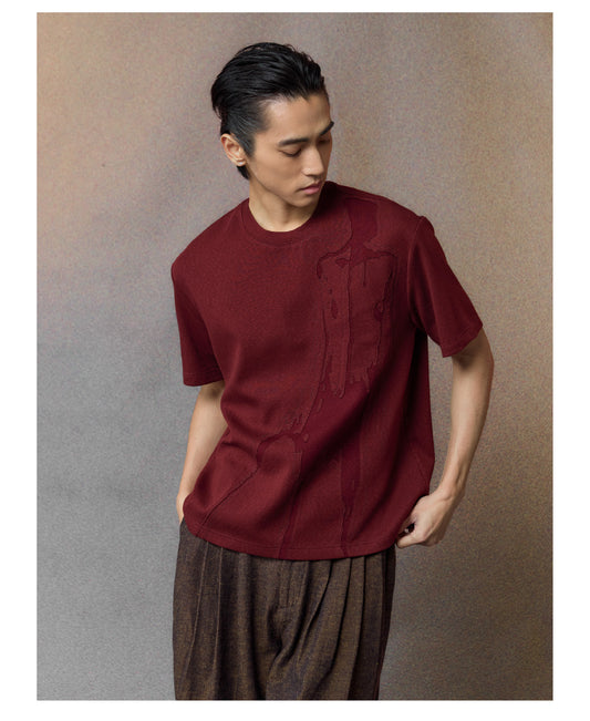 カラーブロックのパッチ刺繍Tシャツ