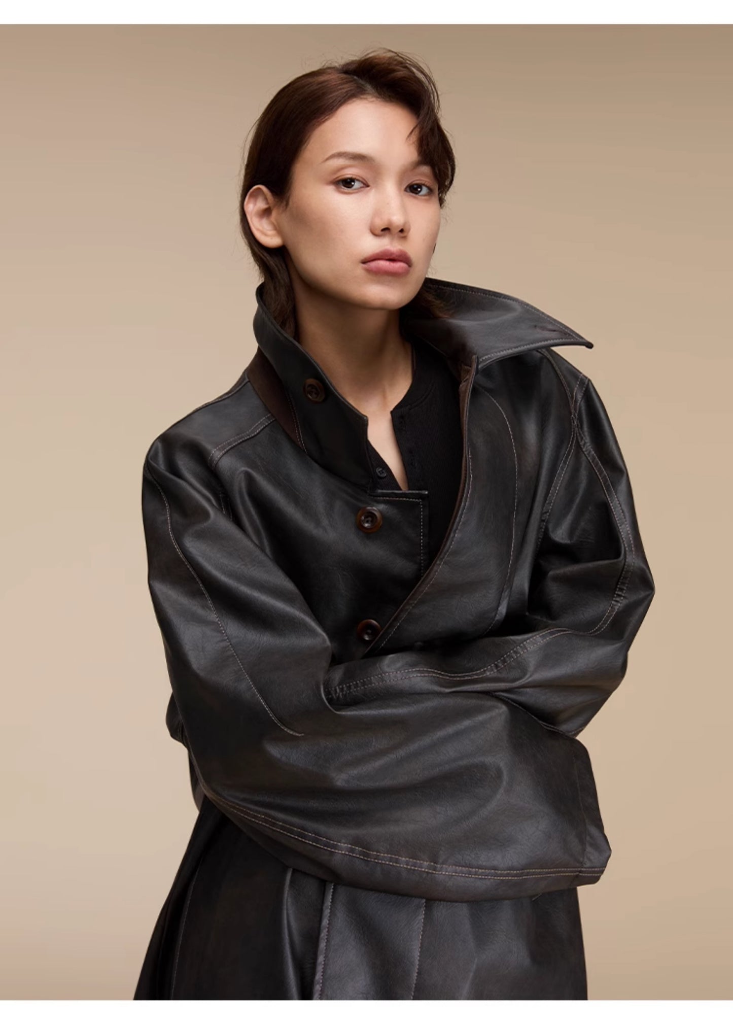 PU leather casual mid-length coat