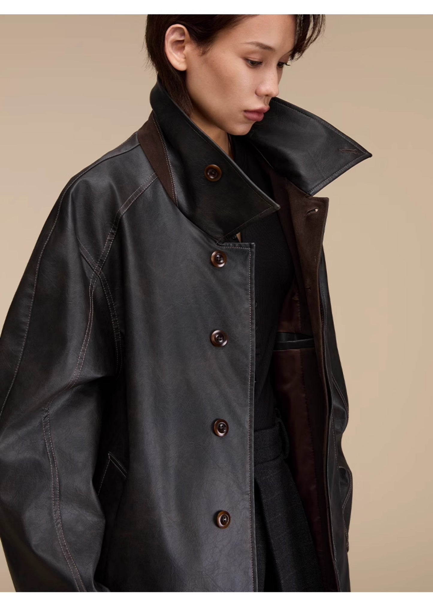 PU leather casual mid-length coat