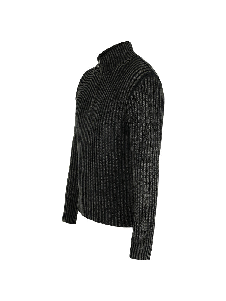 Damage-processed half-zip sweater
