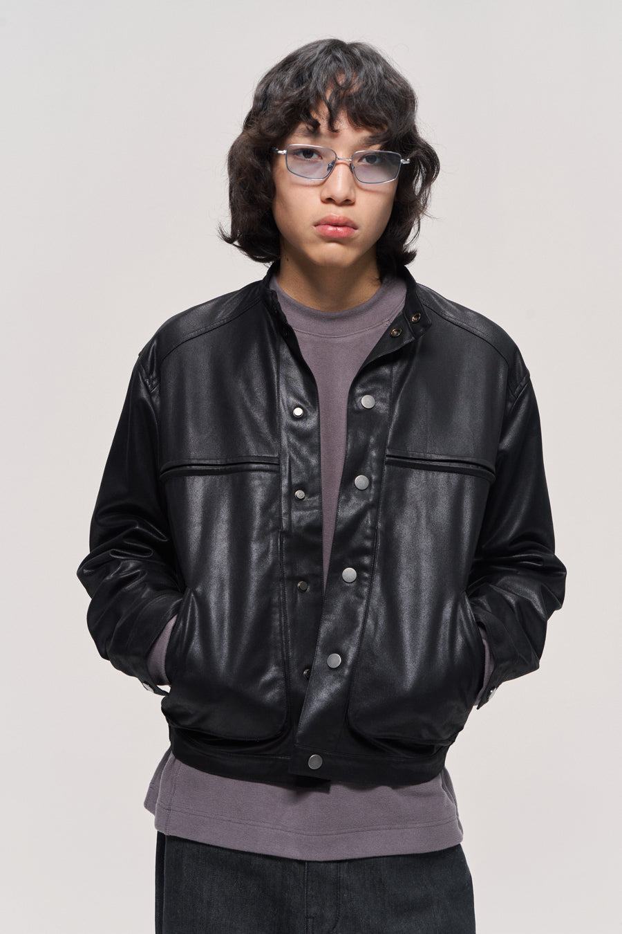 Stand collar leather jacket