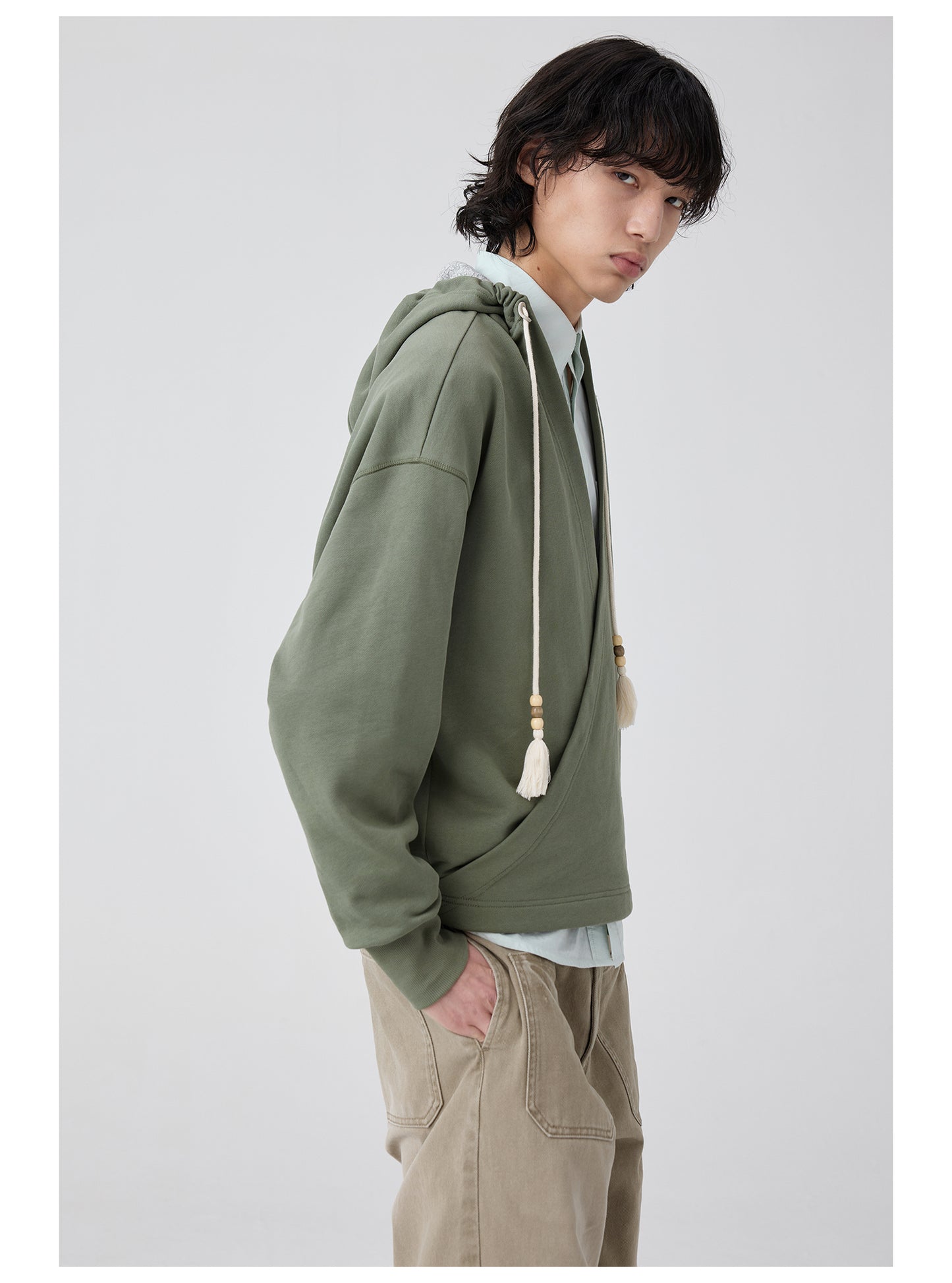 Overlap slant placket hooded sweatshirt