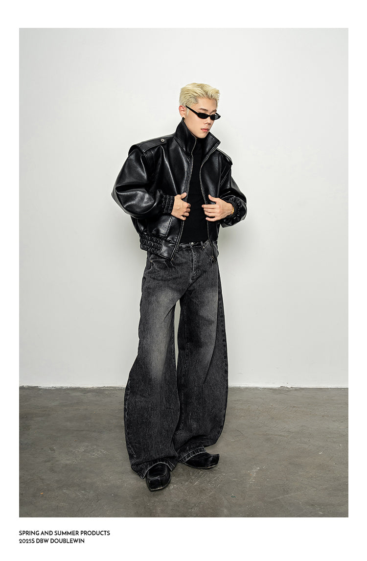 Wide-Shoulder High-Neck Leather Jacket