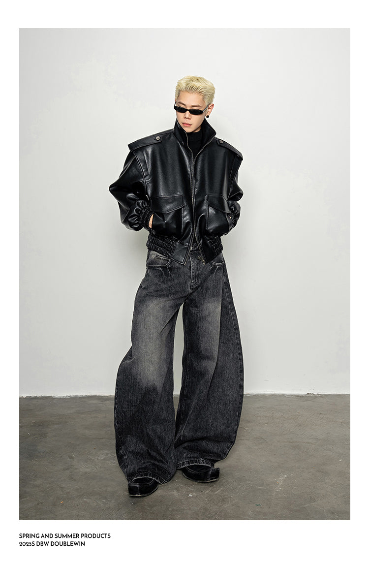 Wide-Shoulder High-Neck Leather Jacket
