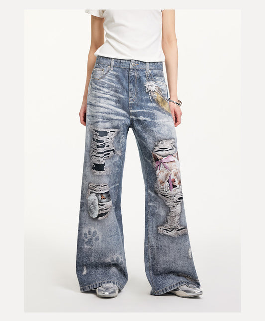 Printed Patchwork Straight-Leg Denim Pants