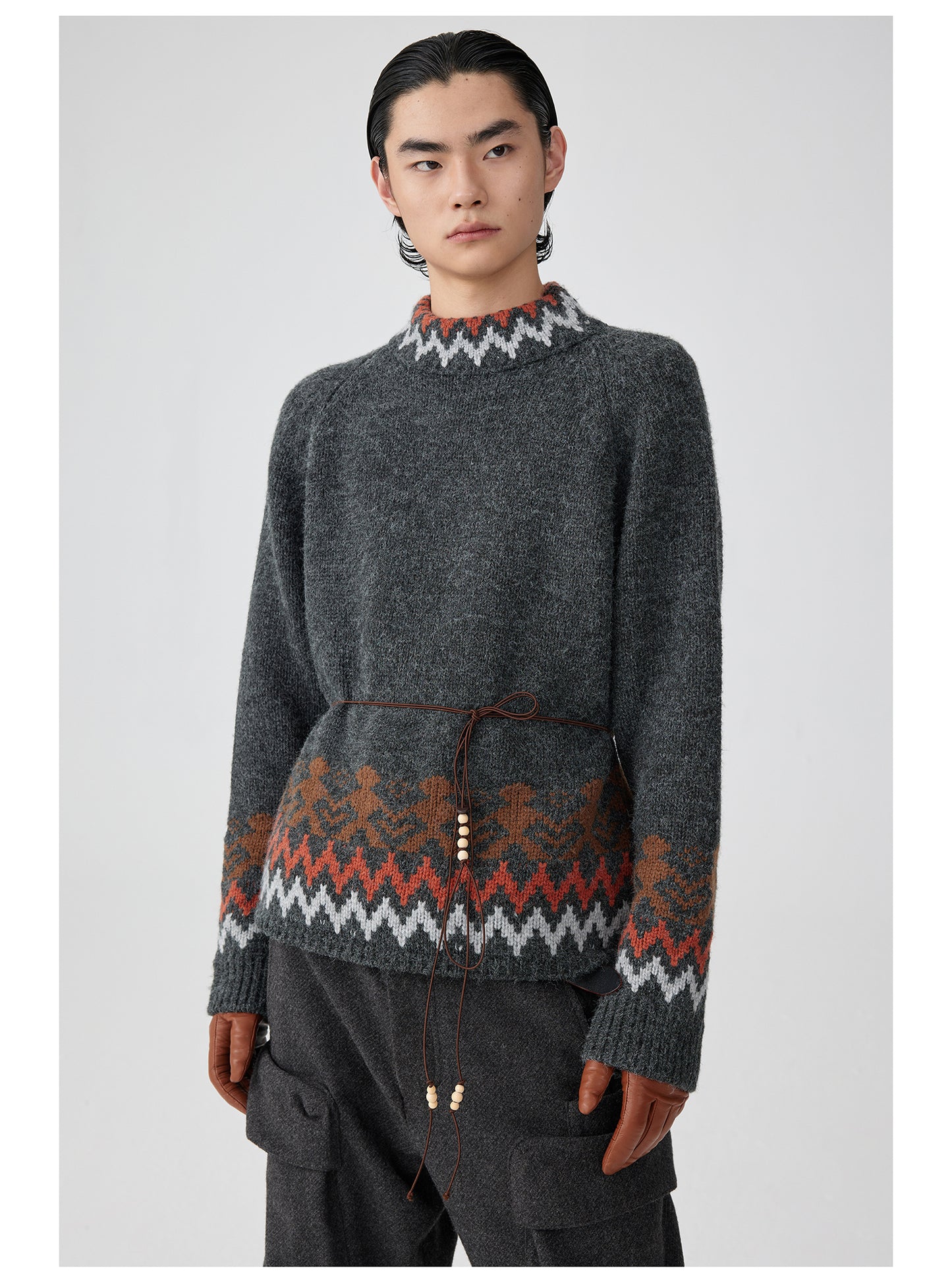 Ethnic Pattern Side Zip Turtleneck Sweater