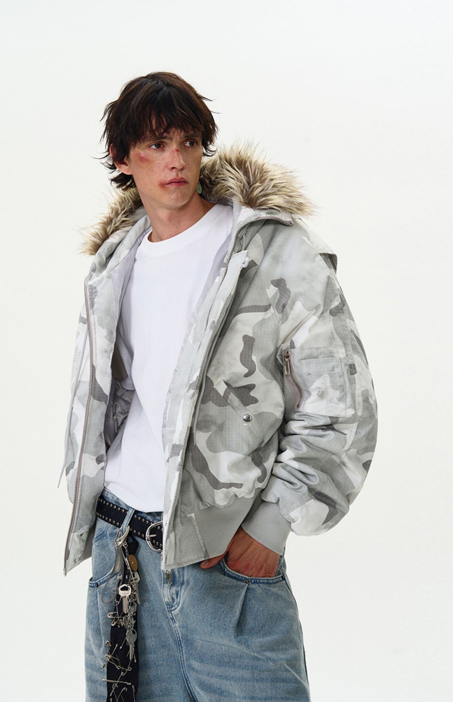 Fur collar Loose camouflage cotton jacket