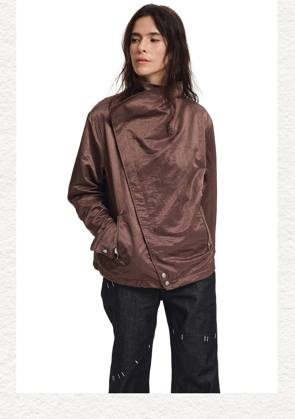 Cross-Button Diagonal Placket Stand-Collar Jacket