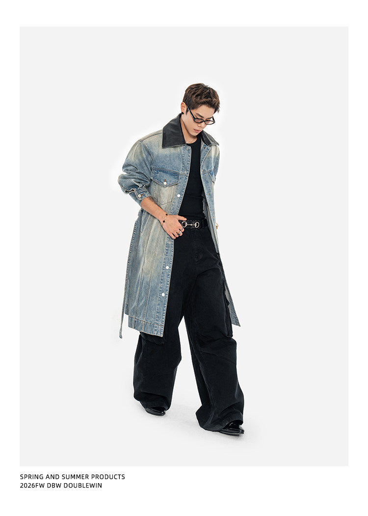 Leather Patchwork Lapel Denim Trench Coat