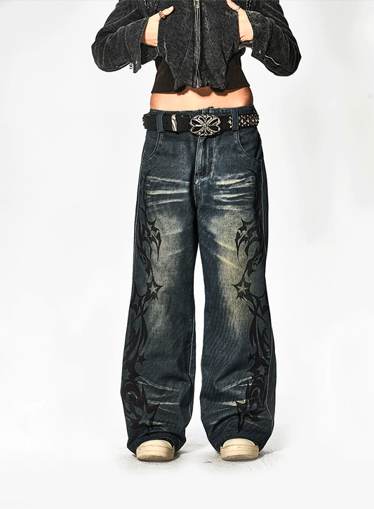 Retro Full Print Jeans