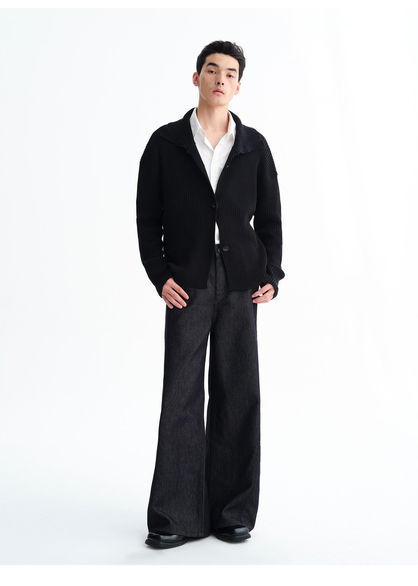 High-Neck Rib-Knit Cardigan