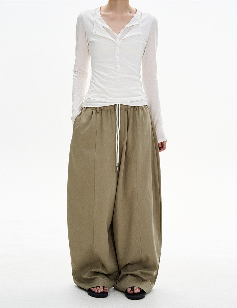 Drawstring Curved Wide-Leg Pants