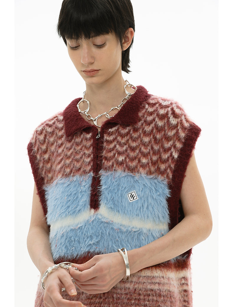 Plush Contrast Stripe POLO Collar Sweater Vest