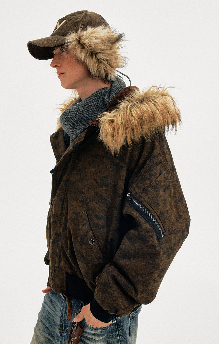 Distressed finish camouflage fur-collar jacket