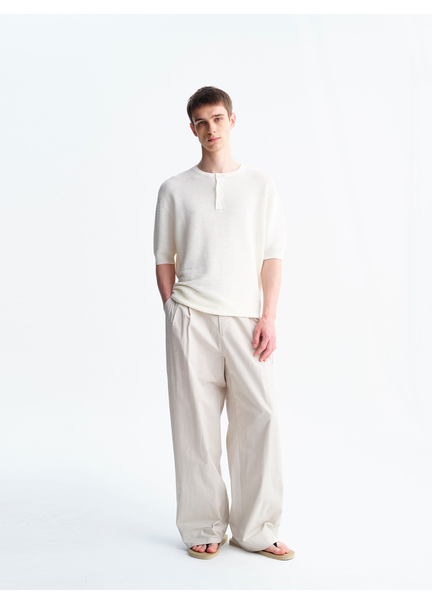 Henry-Neck Wool-Look Short-Sleeve Shirt