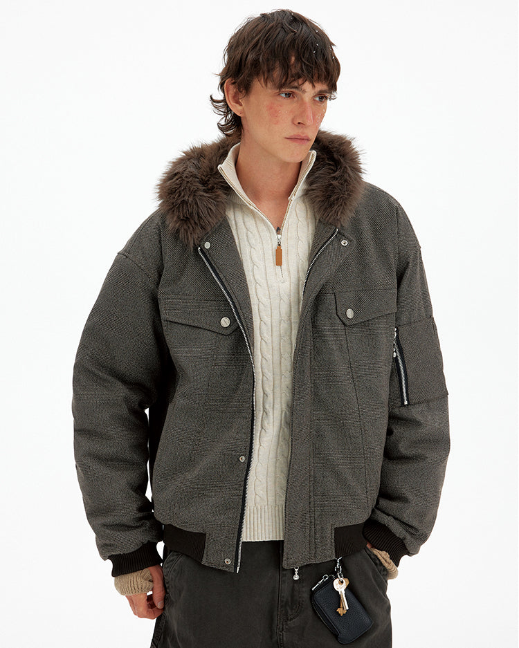 Houndstooth Fur Collar Cotton Jacket