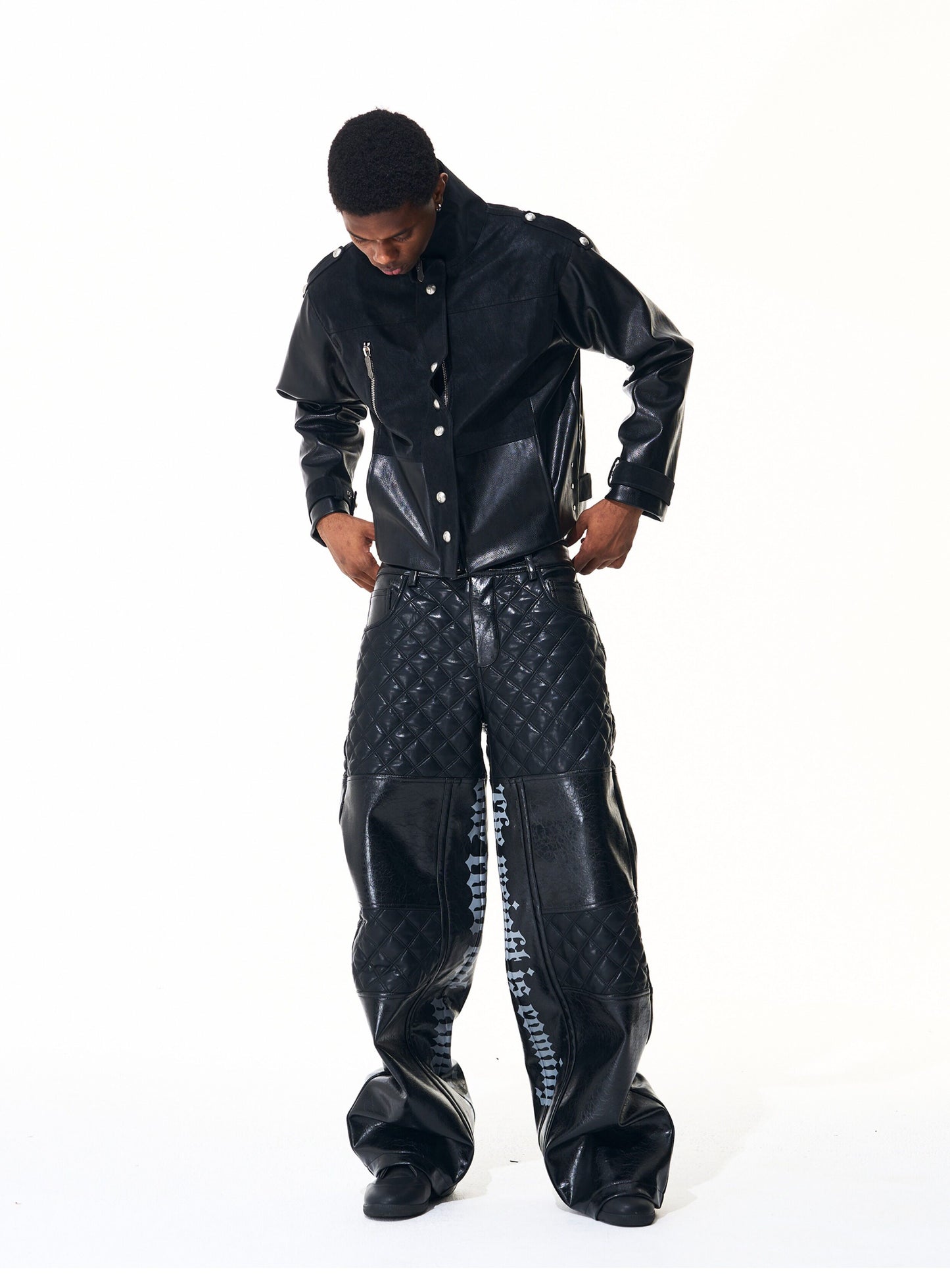 Diamond-pattern coated leather pants