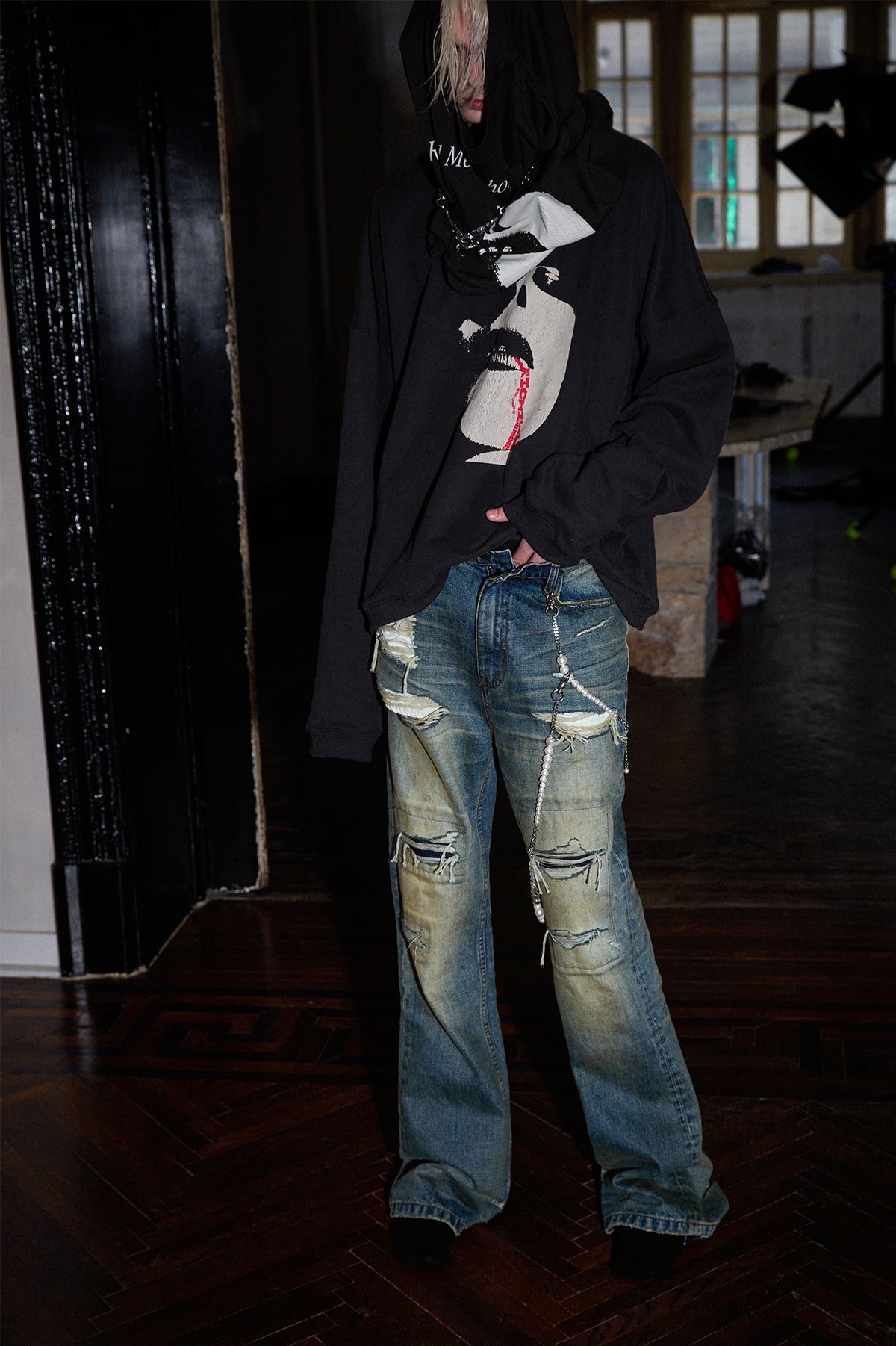 Printed Washed Hooded Sweatshirt