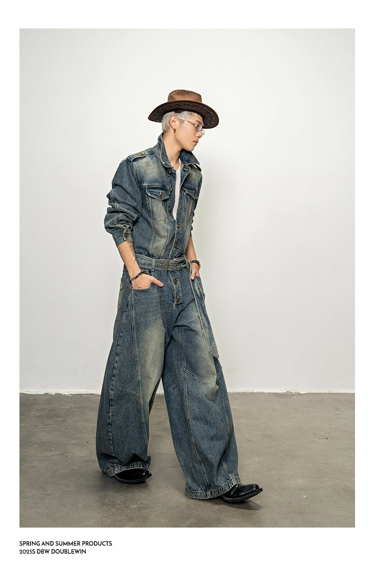 Shoulder Pad Denim Jumpsuit