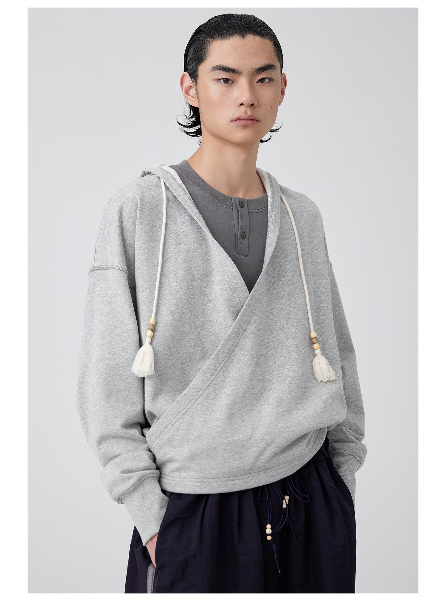 Overlap slant placket hooded sweatshirt