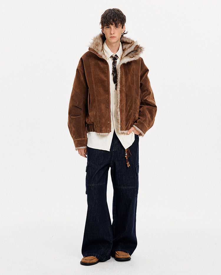 Faux Suede Stand Collar Unisex Jacket