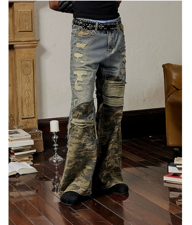 Random Stitch Embroidery Ripped Denim pants