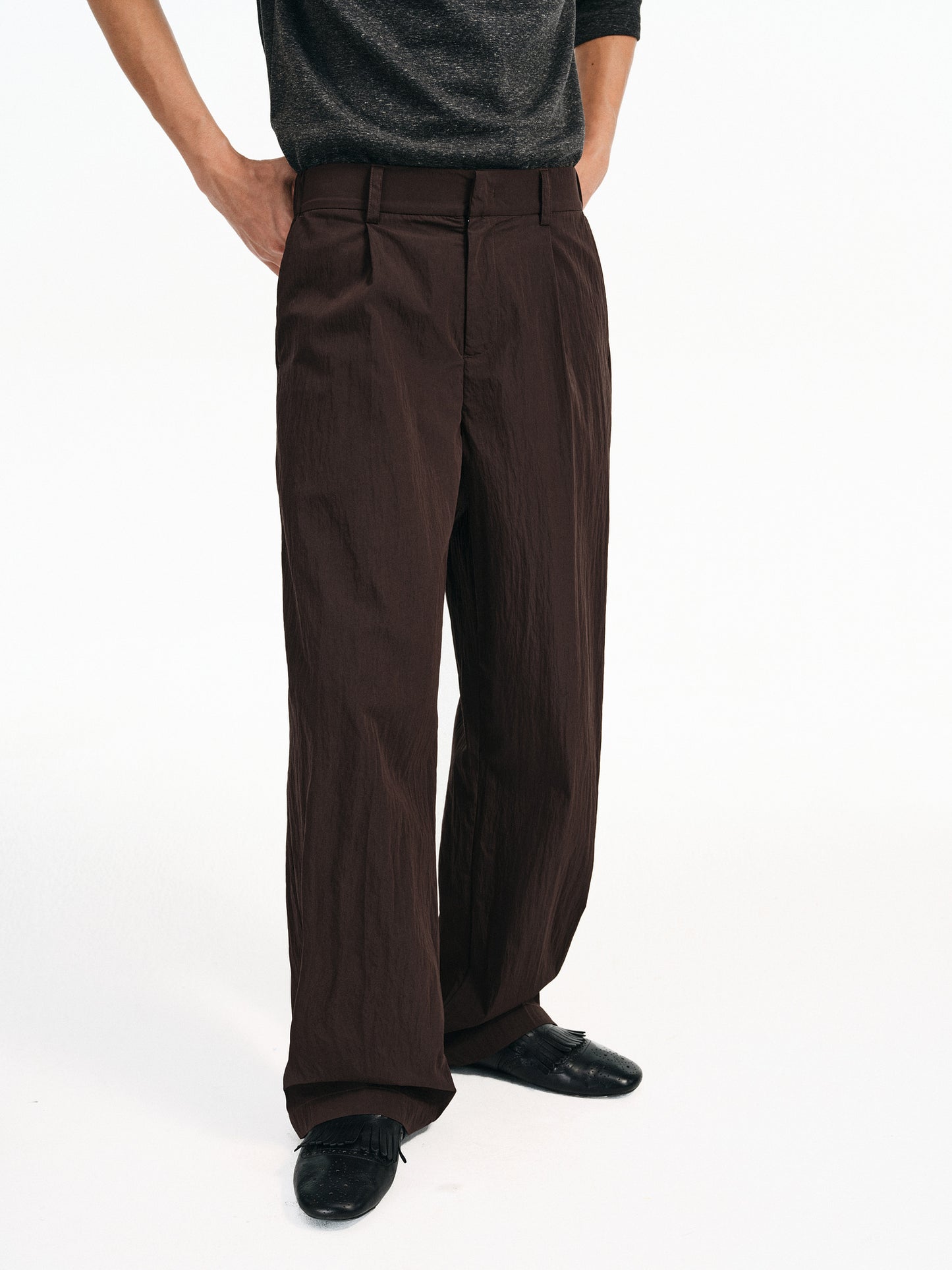 Cotton &amp; Brocade Pleated Casual Pants