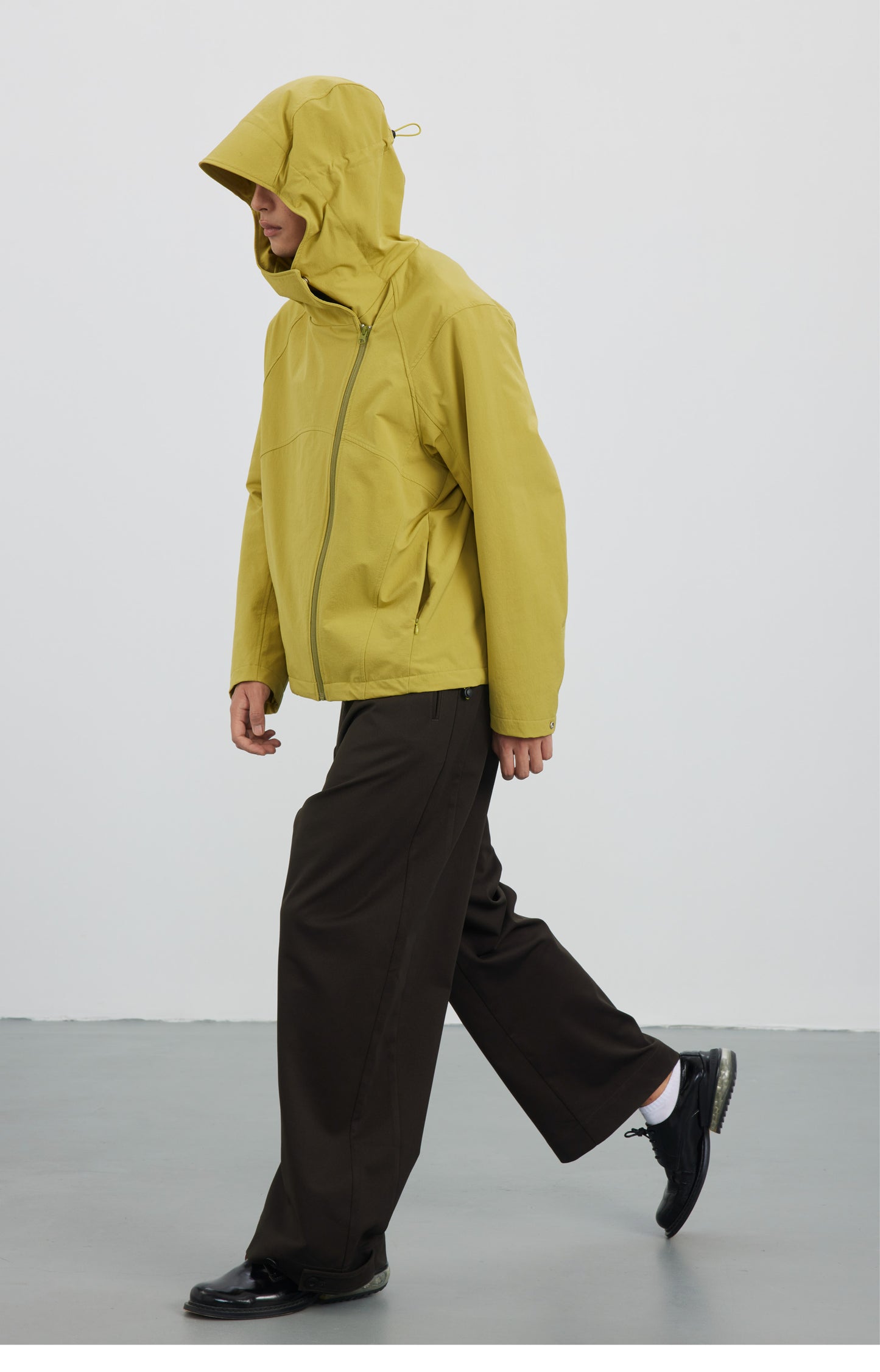 Diagonal Placket High Collar Hooded Jacket