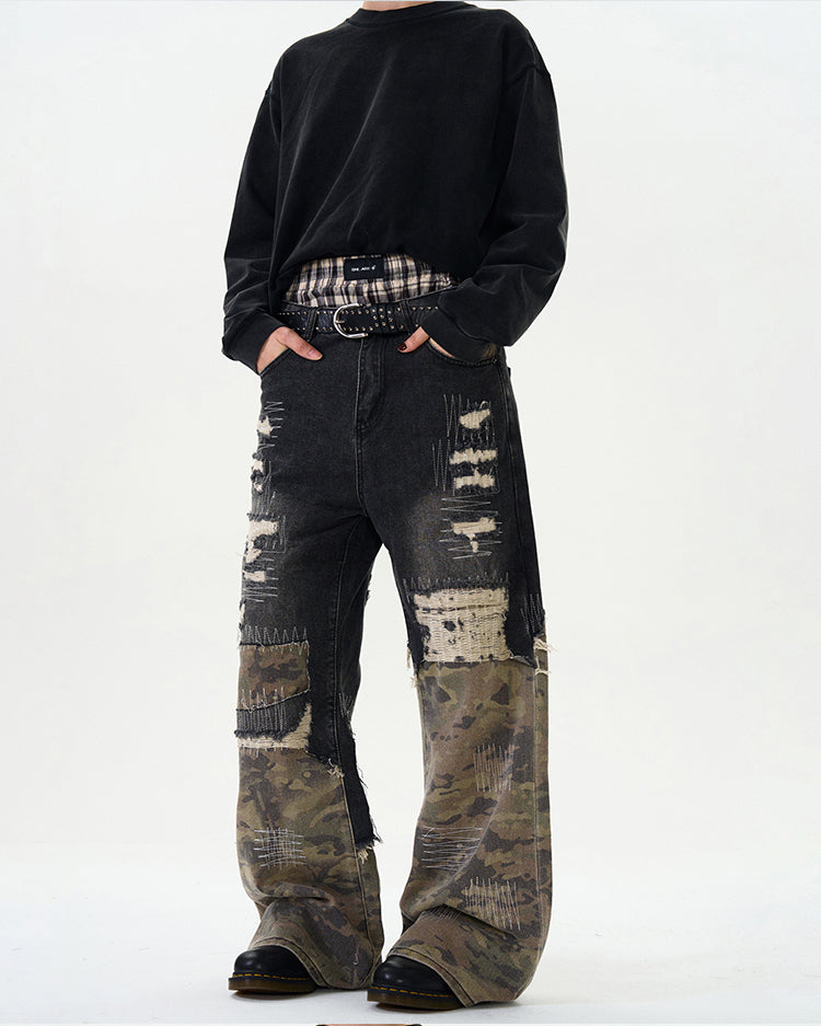 Random Stitch Embroidery Patchwork Jeans