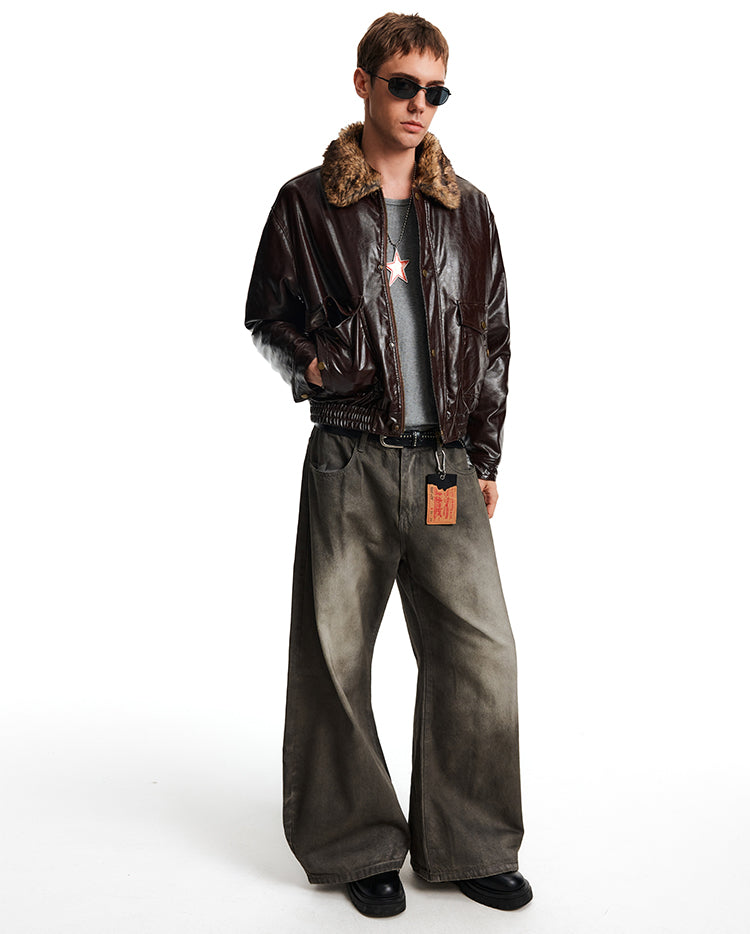 Patchwork Fur Collar Leather Jacket