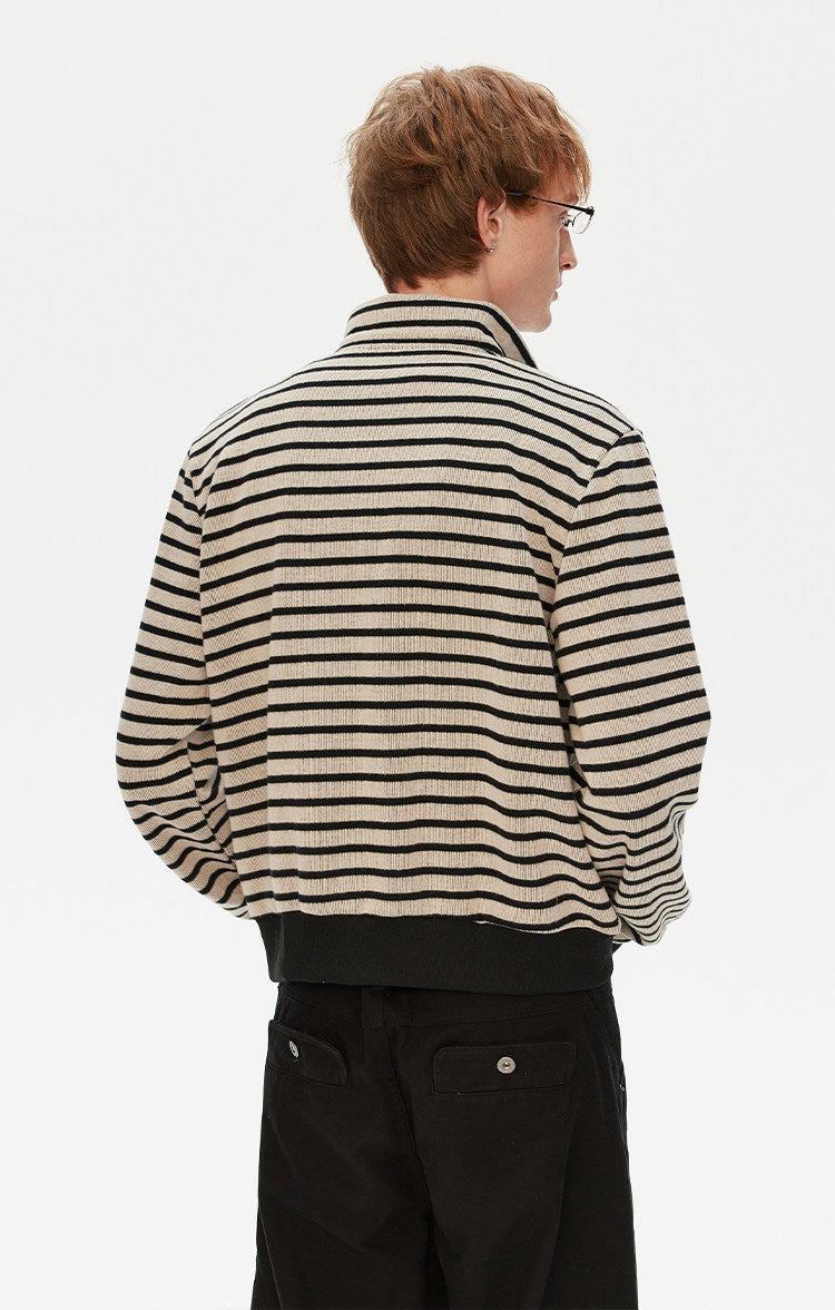 Striped Stand Collar Zipper Cardigan