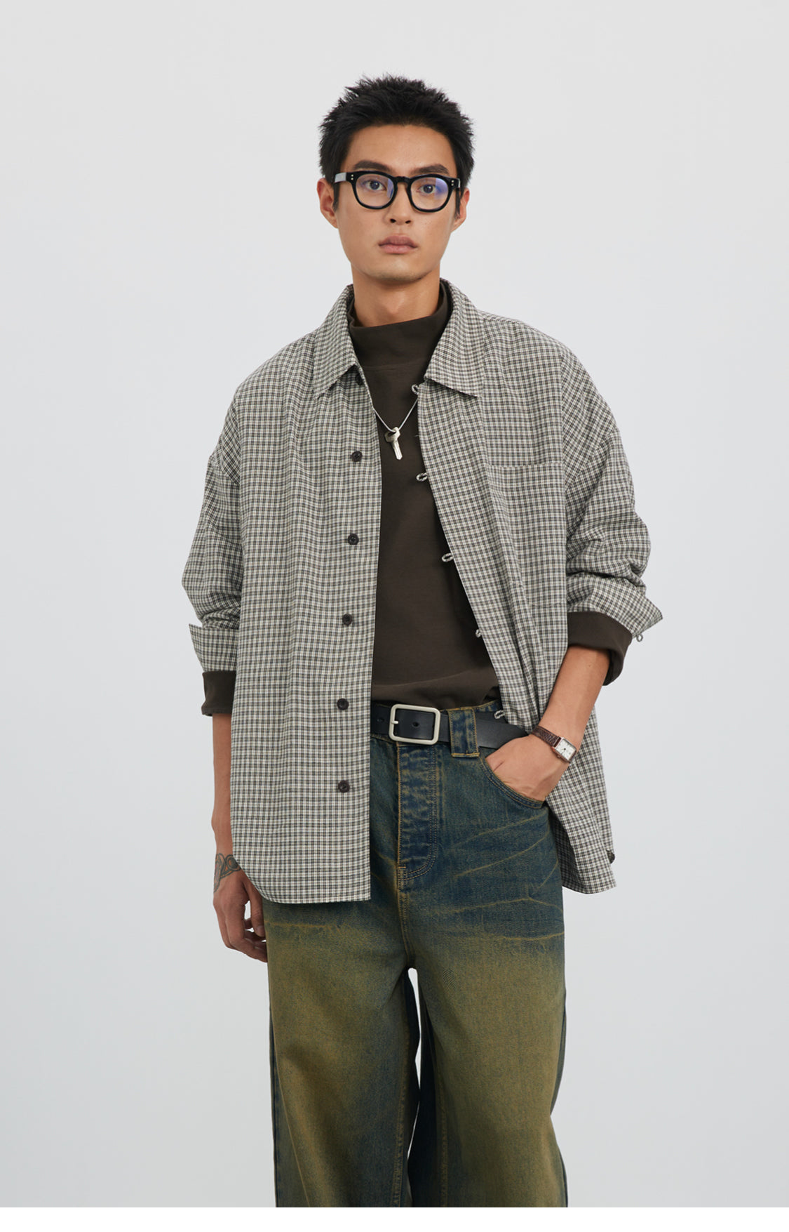 Straight Button Retro Fine Check Shirt