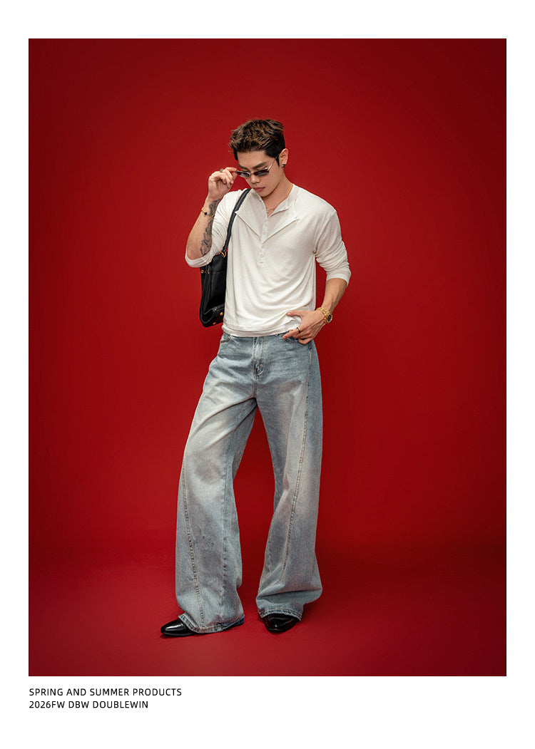 Faux Two-Piece Henley-Neck Shirt