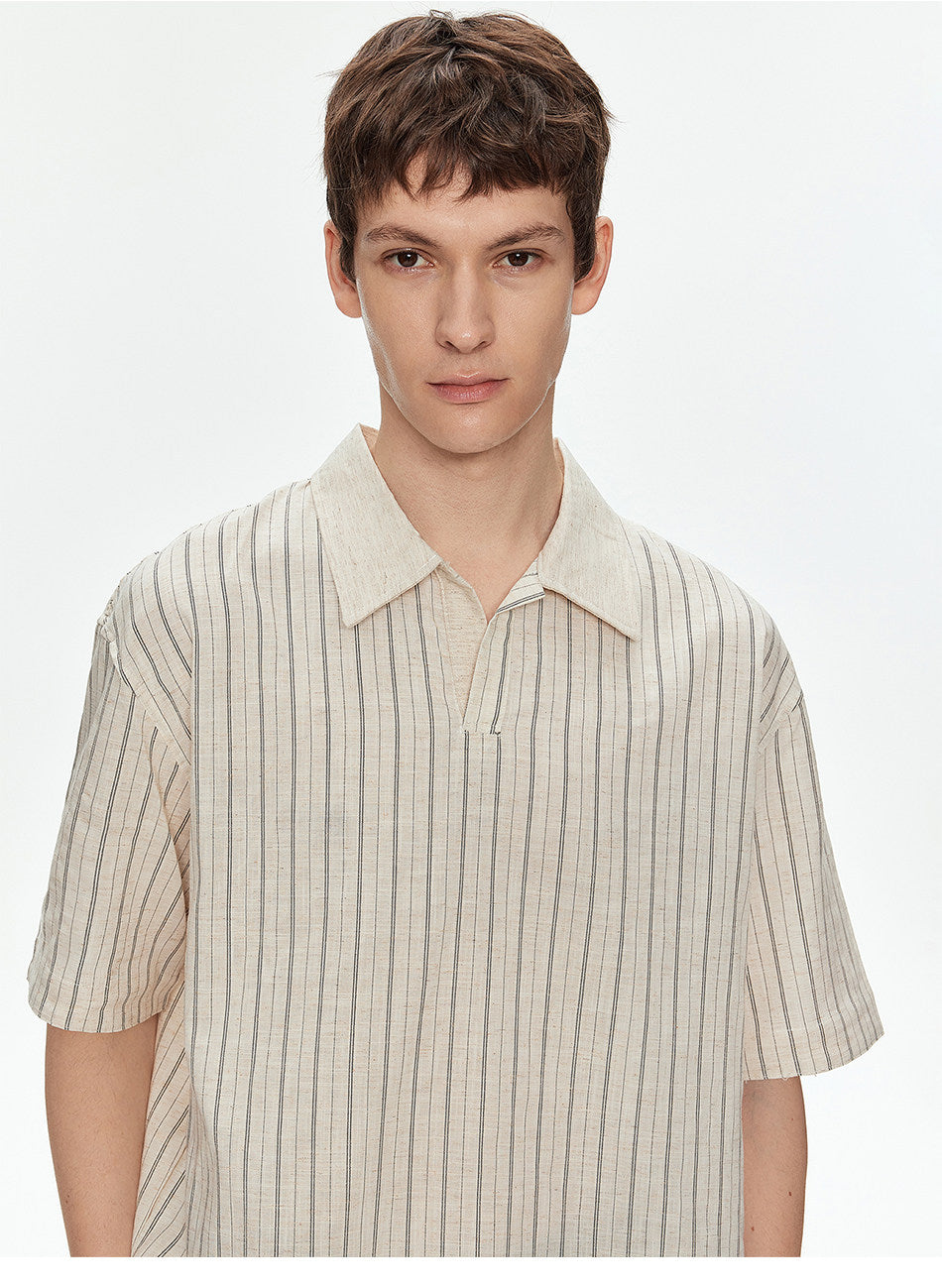Cuban-Collar Striped Shirt