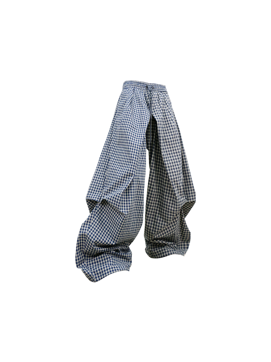 Asymmetrical Cross-Check Ripple-Pleated Casual Pants