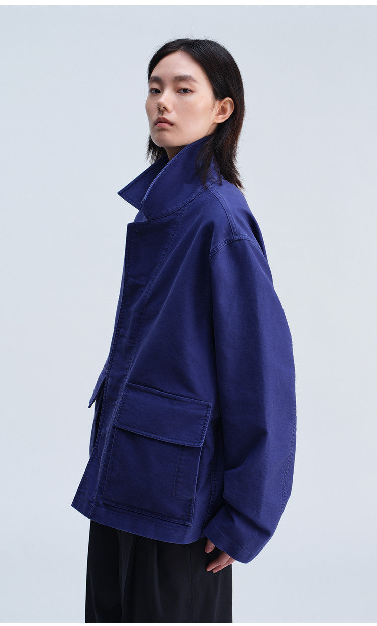 Casual Jacket with Stand-Up Collar and Patch Pockets