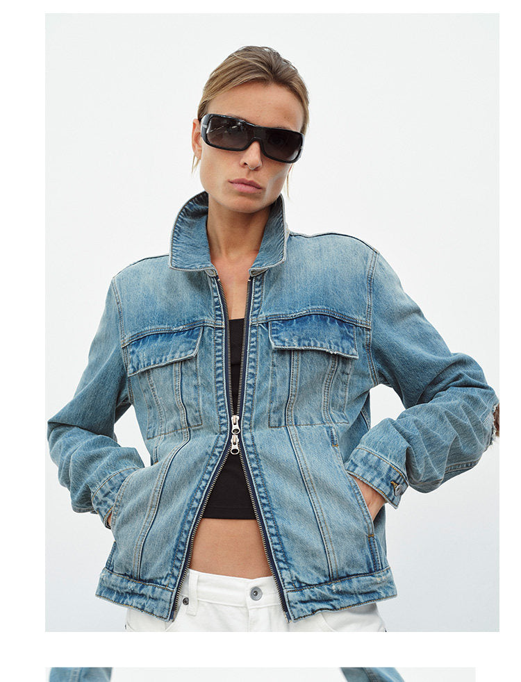 Patchwork Leather Double-Zip Denim Jacket