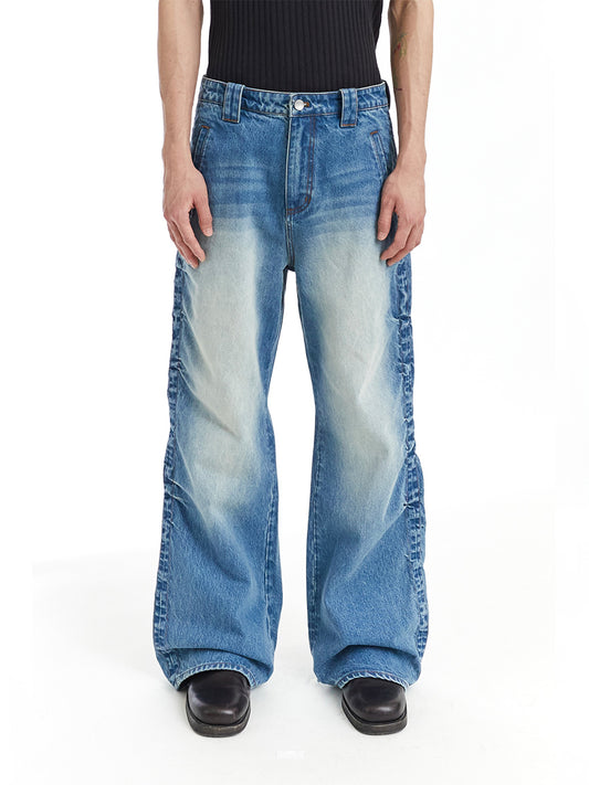 Side Seam Pleated Washed Jeans