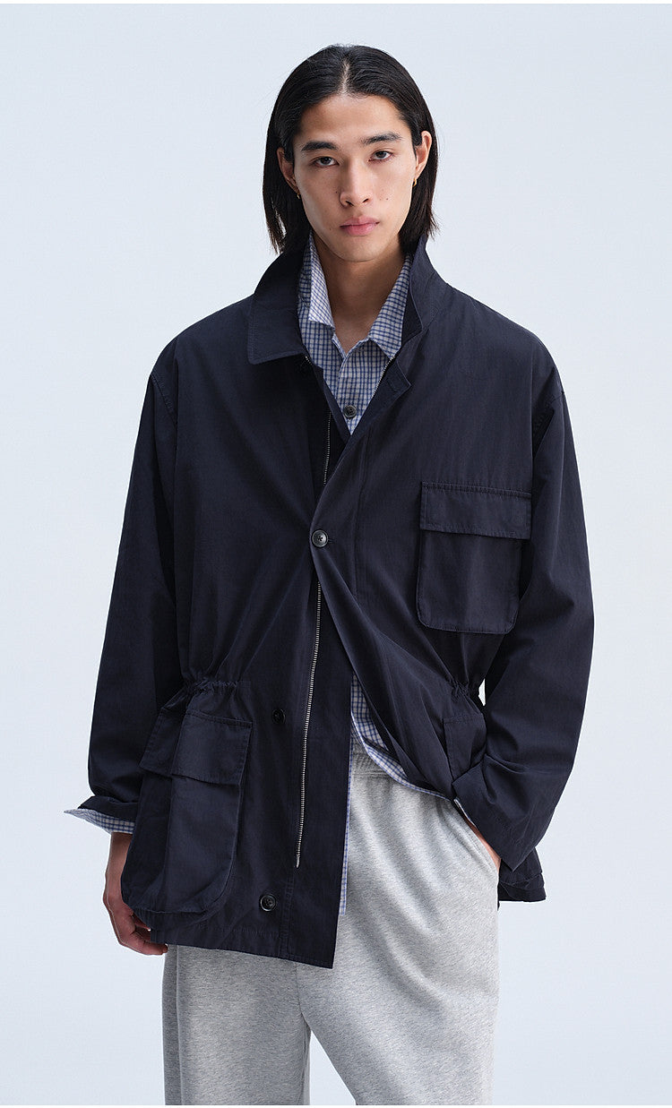 Work Jacket with Waist Drawstring and Relaxed Fit