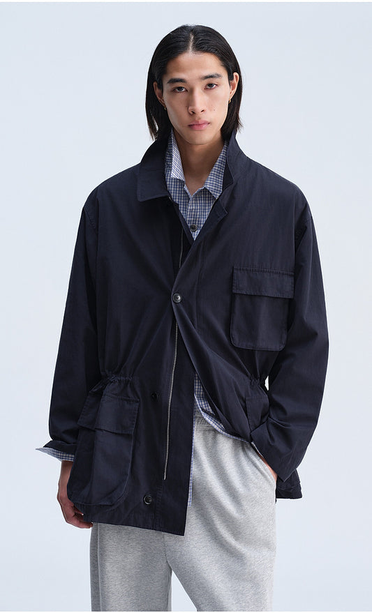 Work Jacket with Waist Drawstring and Relaxed Fit