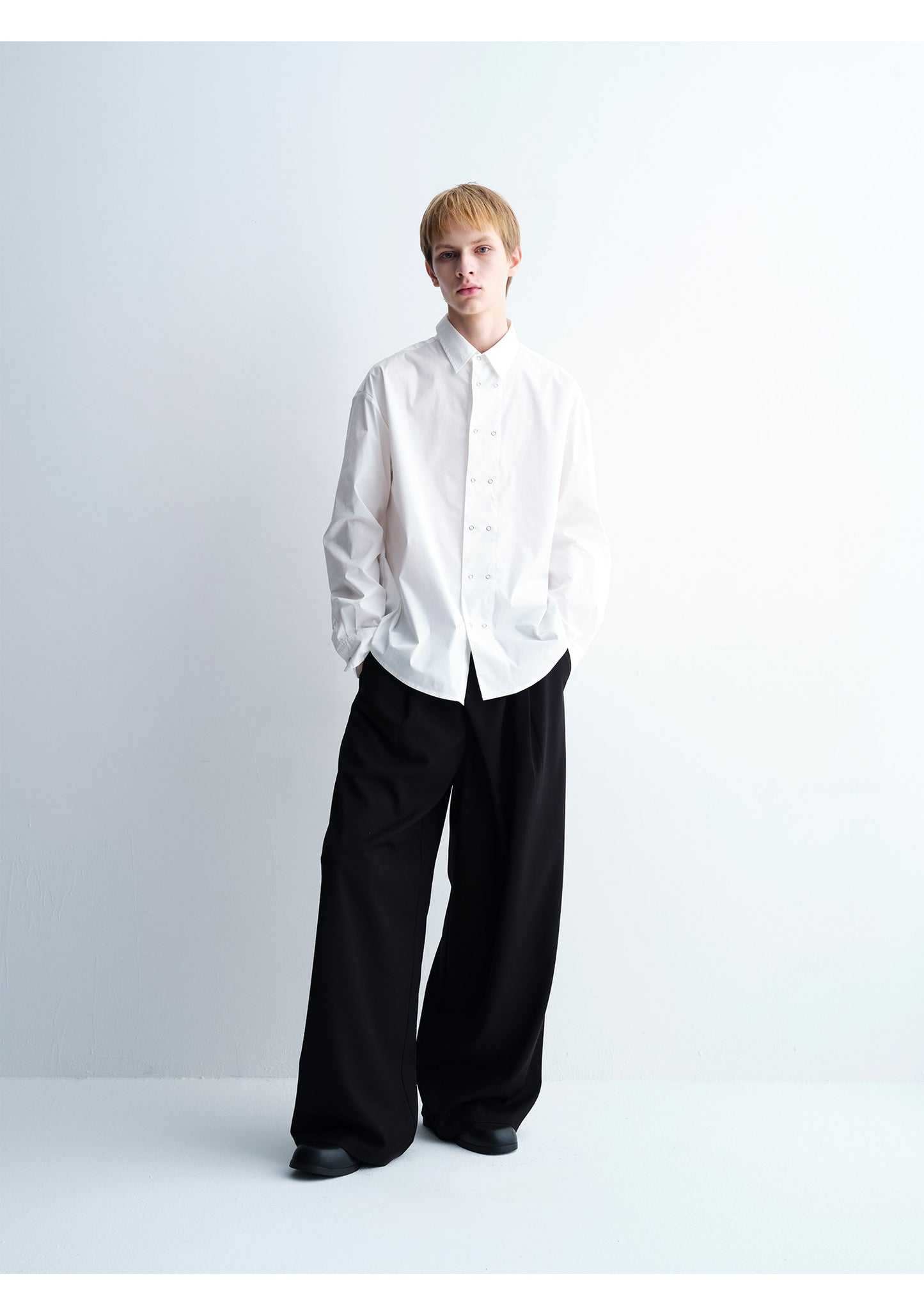 Double-Breasted Round-Hem Loose-Fit Shirt